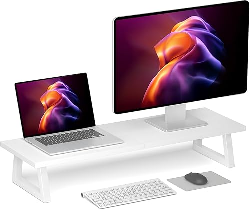 TEAMIX Elevador de monitor doble blanco, soporte de monitor de 31.5 pulgadas de largo, soporte de TV ancho, soporte de monitor blanco para 2