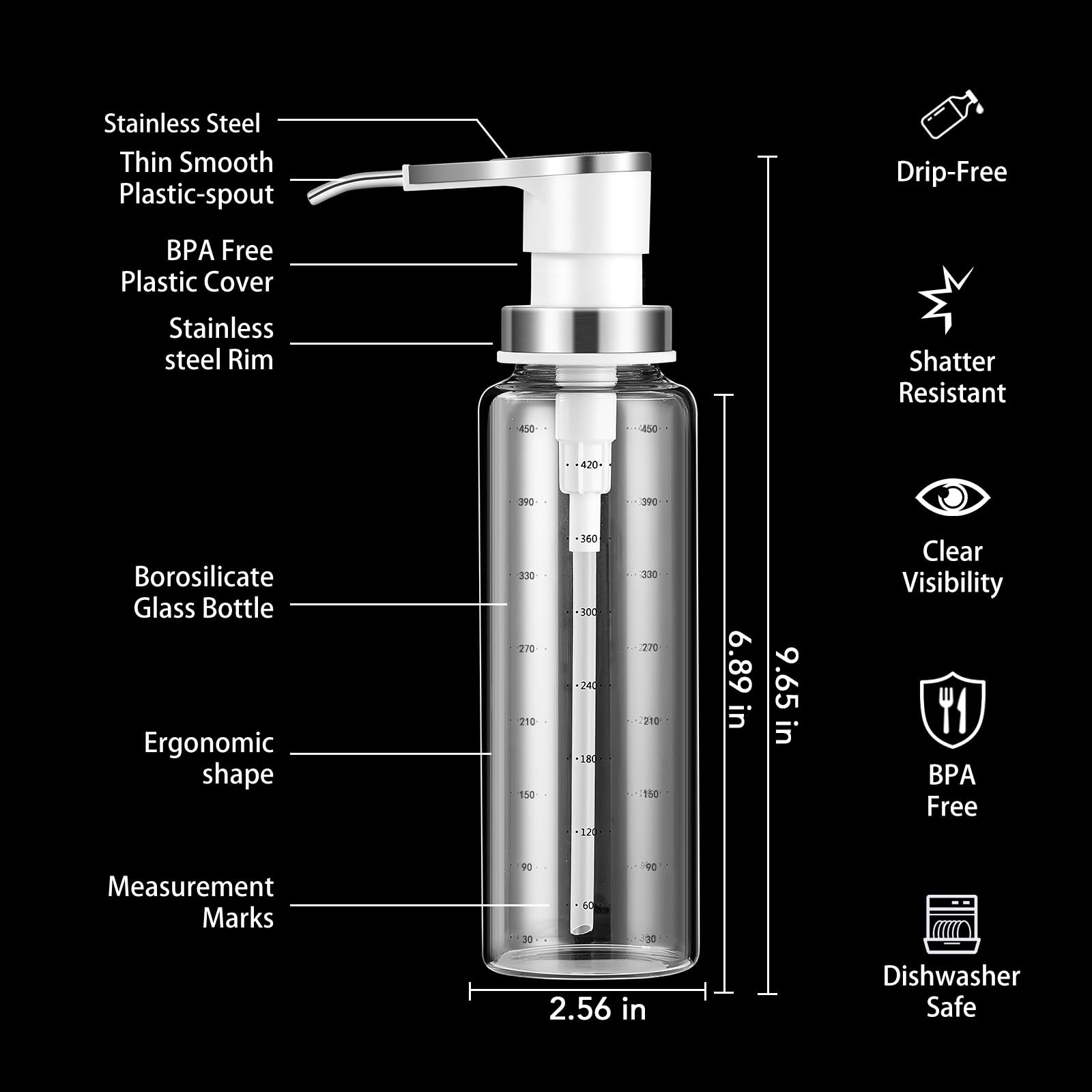 Dispensadores de bomba de salsa, dispensador de jarabe de café, 4 botellas de vidrio de 500 ml con bombas de acero inoxidable, a prueba de fugas, bombas de grado alimenticio para miel, jarabes,