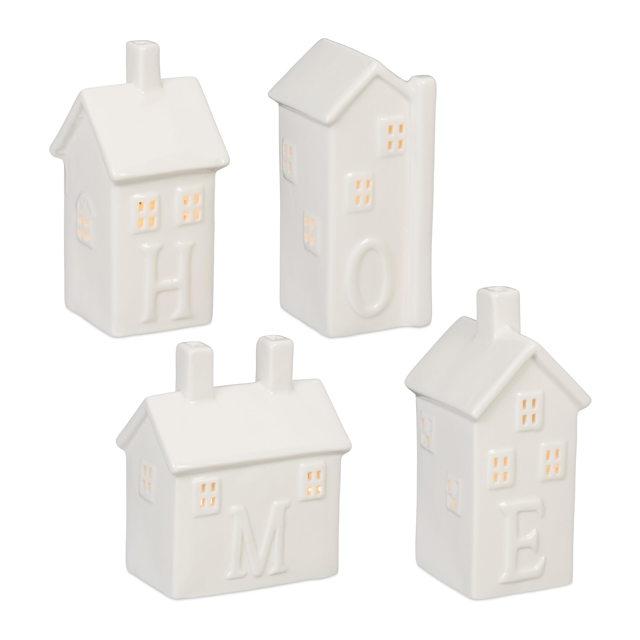 Relaxdays Ceramiczny domek na podgrzewacze, 4 świeczniki na 1 podgrzewacze, z napisem domowym, biały, 6 cm