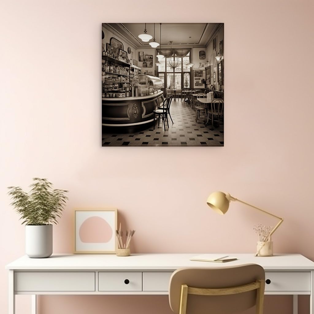 Canvas for Living room. Stepping Back in Time: Elegance and Solitude in a Vintage Black and White Cafe, 27 x 18 inch Canvas Wall Art - Contemporary Masterpieces - Retro Home Decor