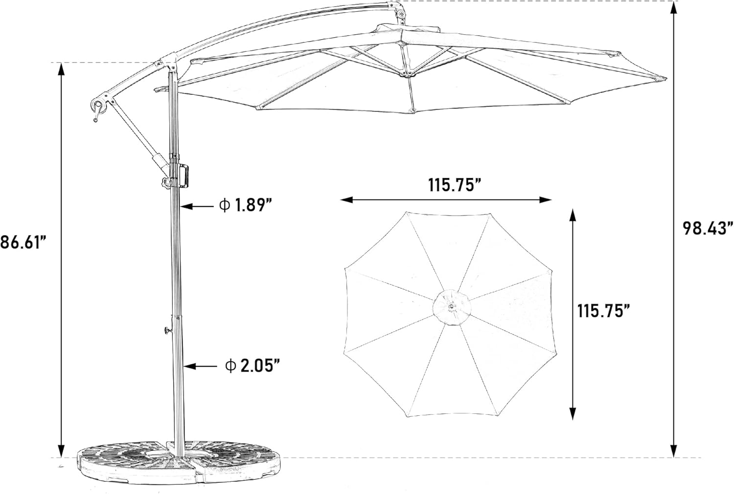 10ft Offset Patio Umbrella, Light Green Polyester Shade, Hanging Market Style with Easy Tilt, 8 Ribs