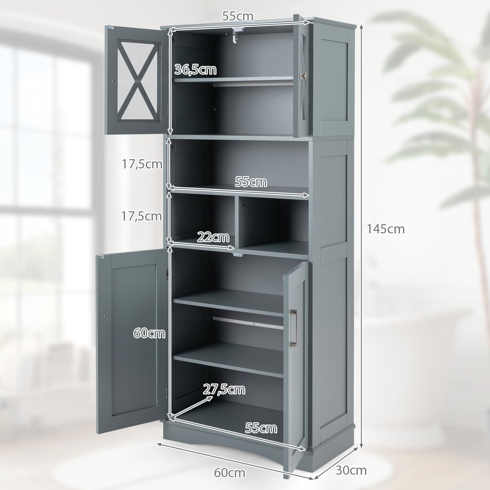 GIANTEX Badezimmerschrank, schmaler Badschrank mit 4 Türen, Verstellbarer Ablage & 3 offenen Fächern, Hochschrank für Badezimmer & Wohnzimmer (Grau,60 x 30 x 145 cm)