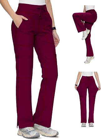 Yoga Scrub Pants for Women Soft Stretch Mid Rise Straight Leg Cargo Bottom with Drawstring,5 Pockets