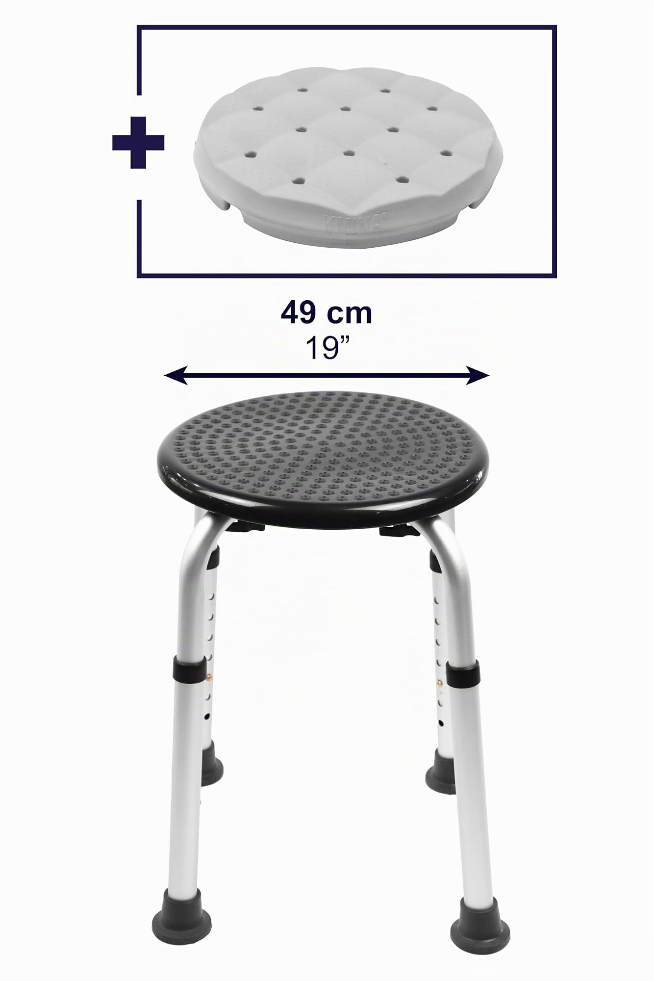 KMINA Taburete Ducha para Mayores con Cojín de Espuma, Banqueta Ducha, Impermeable, Altura Regulable, Montaje Sin Herramientas - Fabricado en España