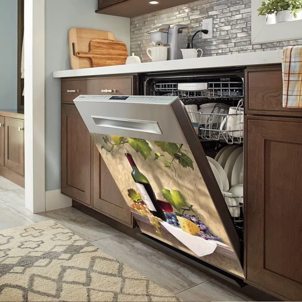 Wine Decor Magnetic Dishwasher Cover Kitchen Decor,Country Grape Fridge Sticker With Magnet,Wine Refrigerator Magnet Panel Decal,Home Appliances Vinyl Magnets 23"x17"