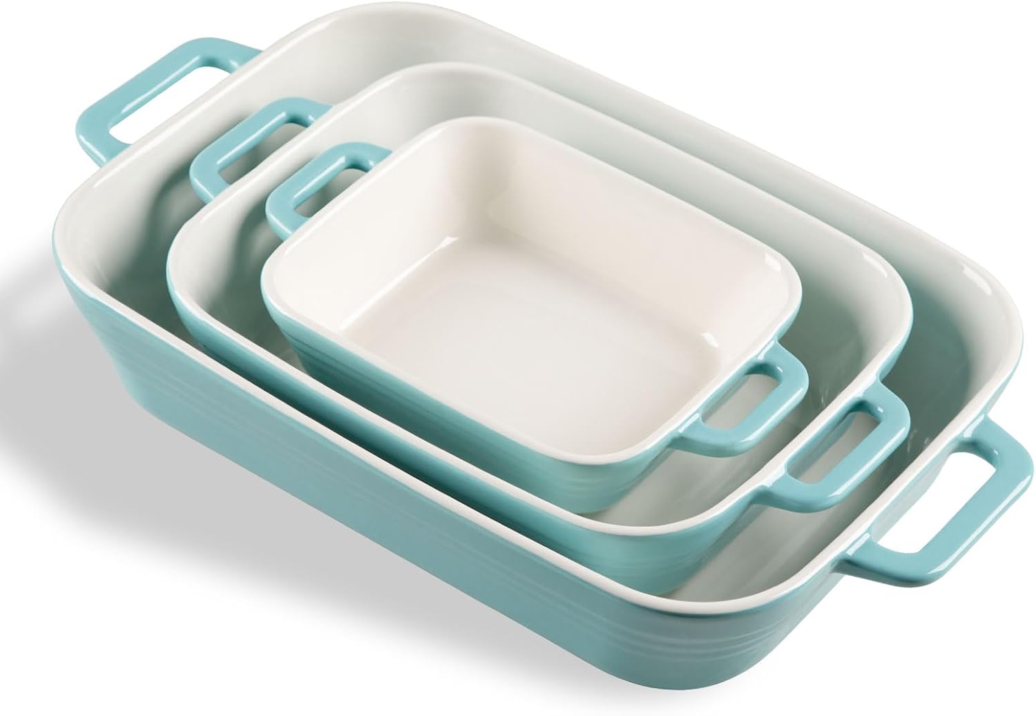 Sweejar Relief Casserole Dishes for Oven, Ceramic 9x13 Baking Pans Set for Cooking, Cake, Banquet and Daily Use, Rectangular Bakeware Set, Porcelain Baking Dish, Lasagna Pan Deep with Handles(Turquois