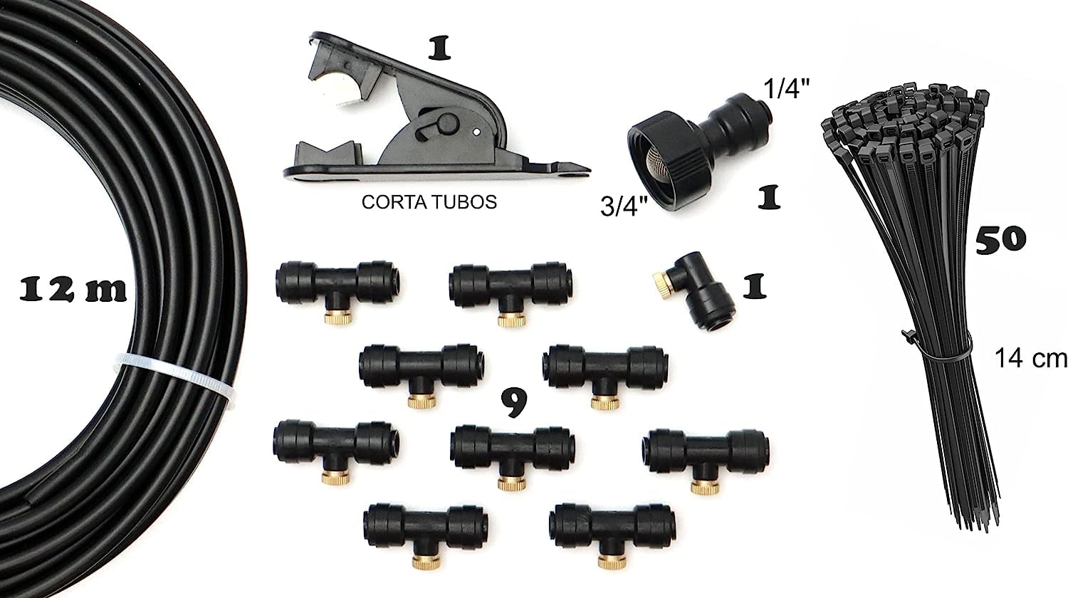 Kit de Nebulizador para Terraza con Programador. Compuesto por: 10 Toberas de Latón de enfriamiento, 12 Metros de Tubo Negro, 50 Bridas, 1 Cortatubos, 1 Enlace de grifo y Programador
