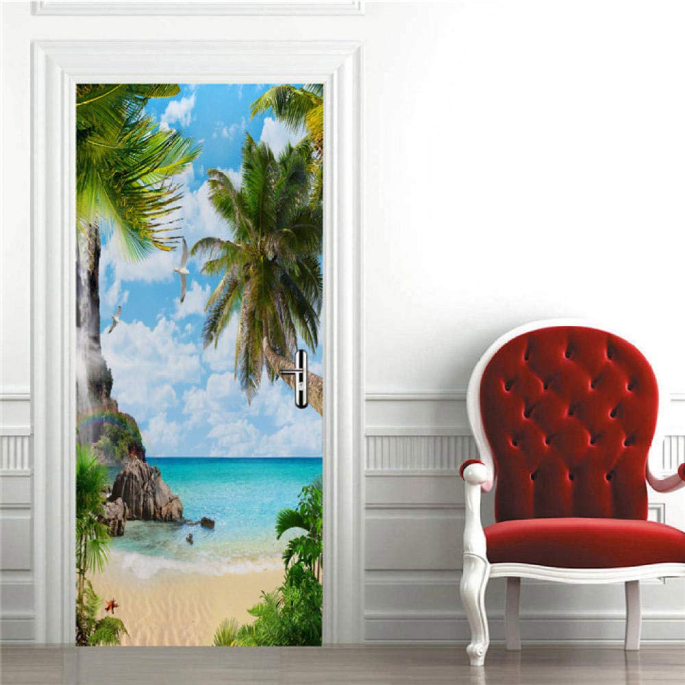 KGKBH 3D Door Sticker DIY Wall Sticker Blue, Ocean, Plants 77x200cm Removable self-Adhesive Mural, Used for Bedroom, House, Door, Living Room, Bedroom, Office, Wall with Vinyl Film, Living Room, Easy