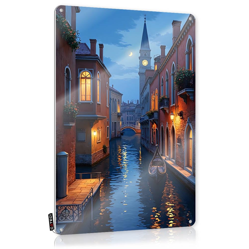 Fzfn Colour Sign Quality Beauty Home Decor - Venetian Canal At Twilight: Moonlit Reflections And Gondolas Haves Rustic Style Artwork For Slow(30X40cm)