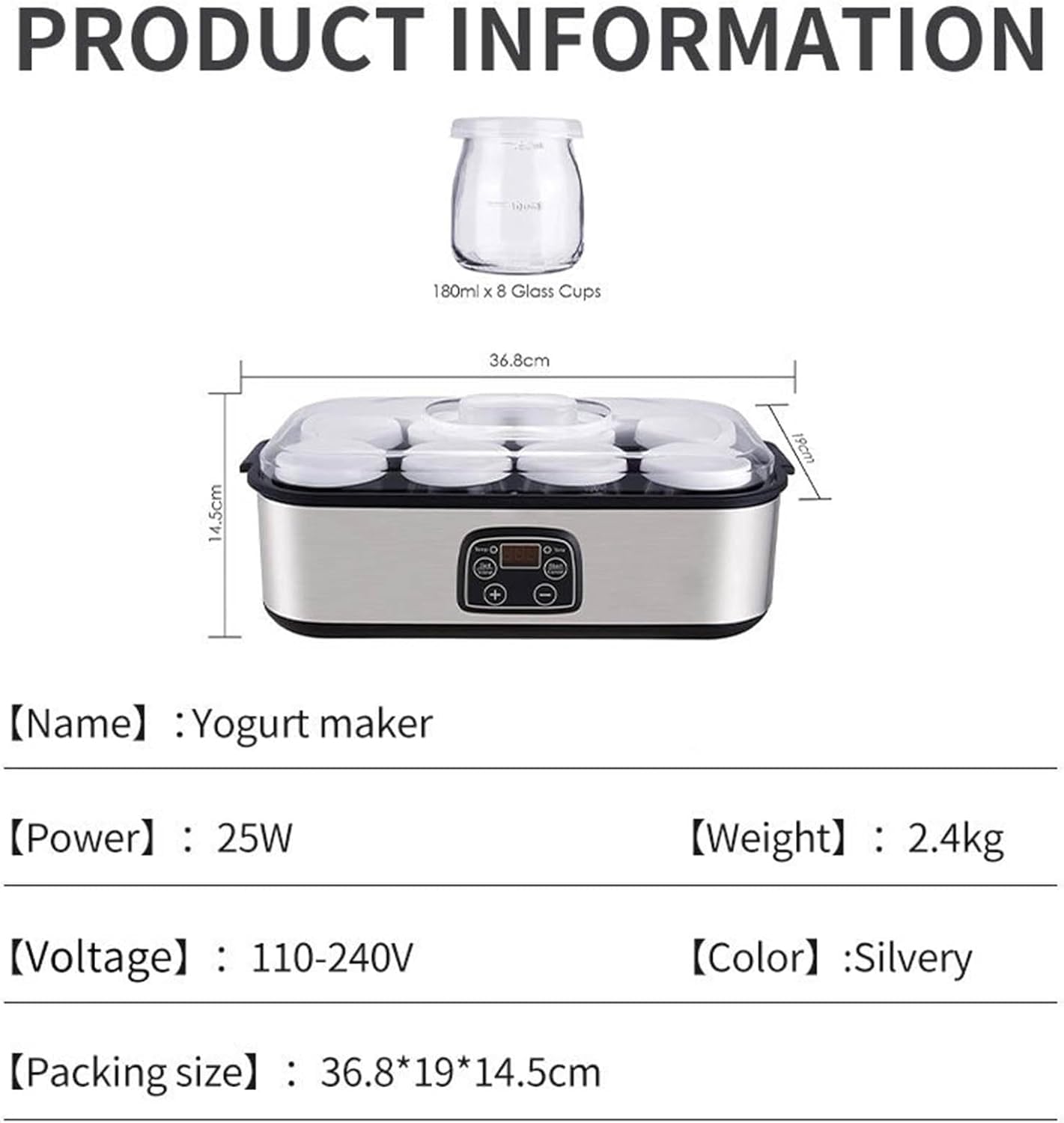 Yogurtera con temporizador de temperatura ajustable y capacidad de 1400 ml, incluye 8 tarros de vidrio para yogur probiótico casero, electrodoméstico de cocina ideal
