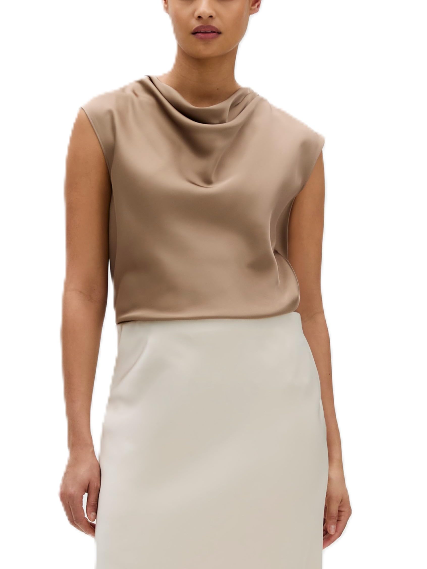 Calvin Klein Women's Satin Cowl Neck Blouse with Cascade Collar, Fossil, S