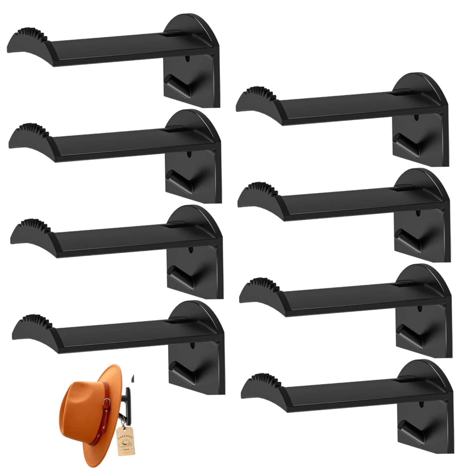 Tsawntd Cowboy Hat Rack for Wall, 8 Pack Black Hat Hooks with Strong Adhesive & Screws, Wall Mounted Hanger for Cowboy Hats, Caps, Scarves - Western Home Decor Hook Hanger