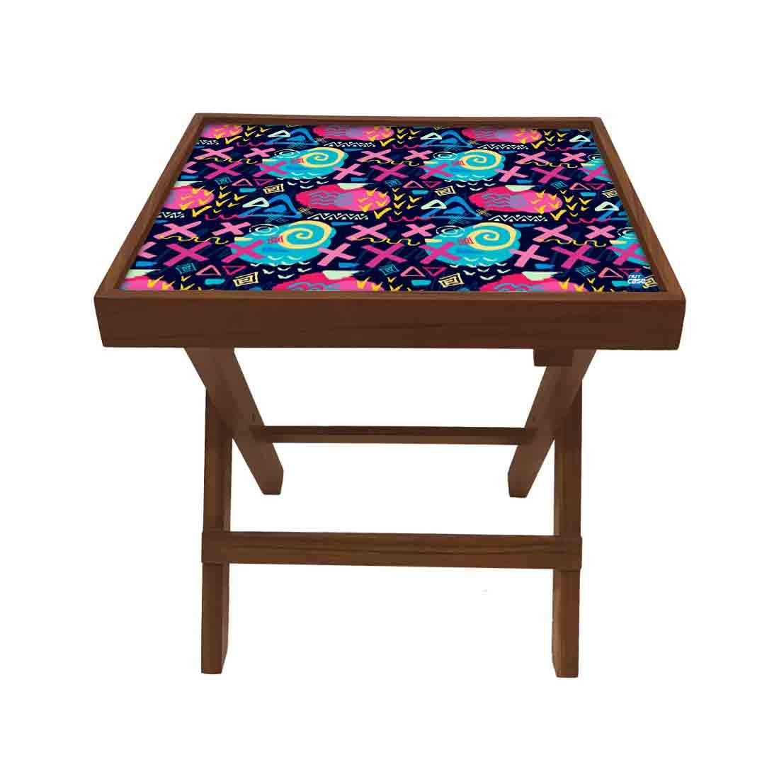 Nutcase Designer Teak Wood Side Table Folding Wooden Bedside Coffee Outdoor Picnic Table - Trendy Colorful Pattern 1