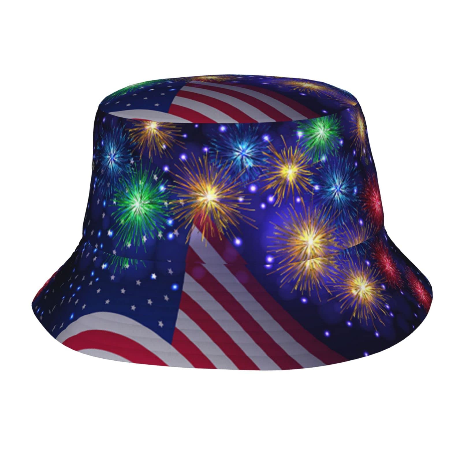 Firework American Flag 4th of July Print Unisex Bucket Hat Twill Fabric Sun Protection Stylish for All Seasons Bucket Hats Black, Black, One size