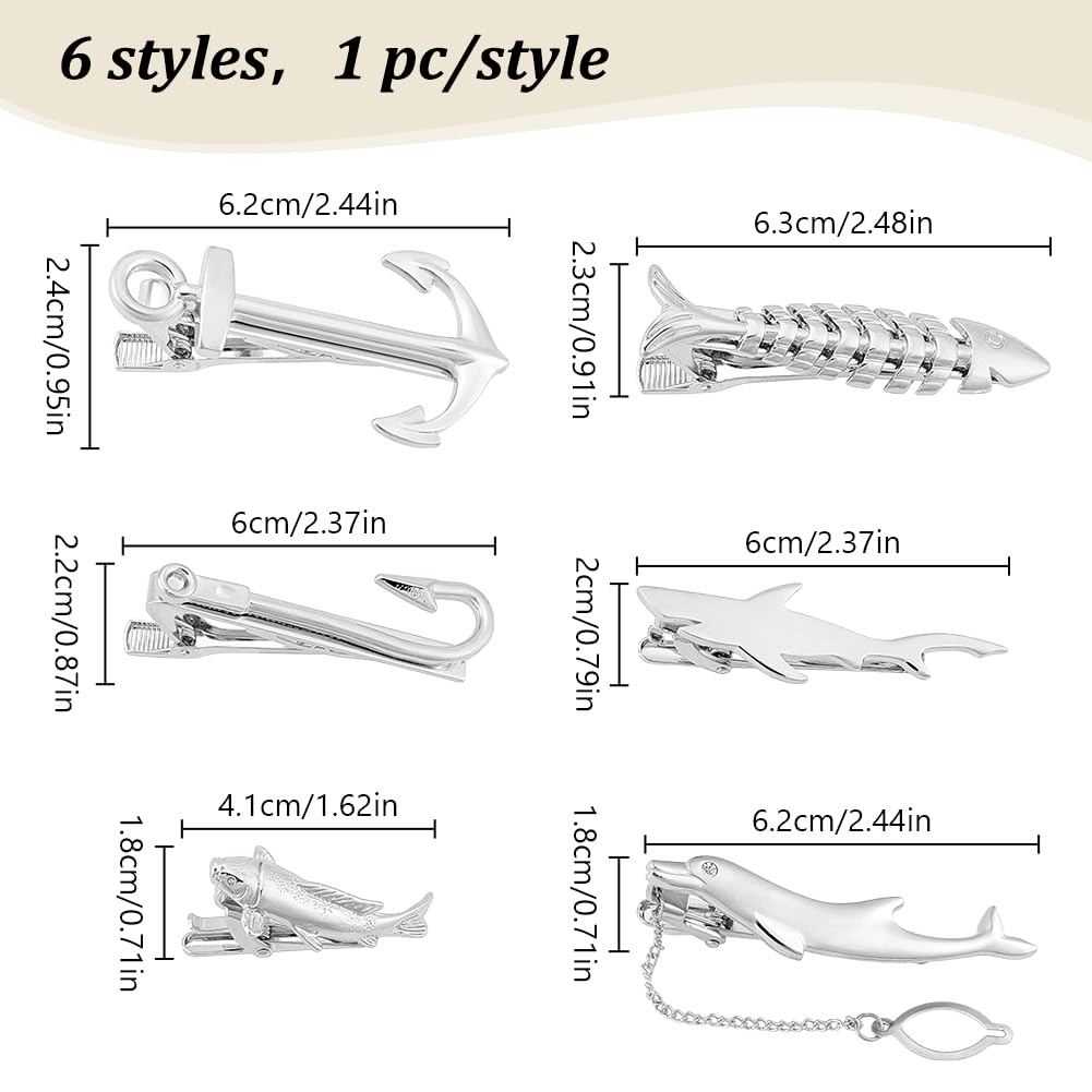 WEBEEDY 6 Styles de Pinces à Cravate Poissons pour Homme,Arêtes de Poisson Argentées, Pinces à Cravate Requins,Pince à Cravate Novelty pour Chemise Costume,Barre de cravate Accessoires de cravate