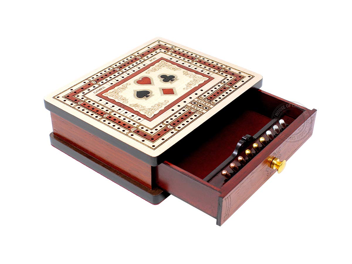House of Cribbage - 3 Track - 60 Points Non-Continuous Travel Cribbage Board Inlaid in Maple Wood/Bloodwood - Size:6" x 5" - Storage Drawer for