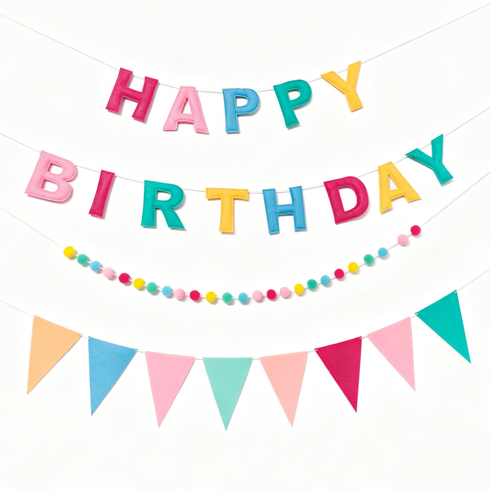 Pre-Strung 3D Happy Birthday Banner, Reusable Felt Birthday Party Decorations with Garland Bunting Pennant and Felt Ball, Happy Birthday Sign for Decor, Party Decor, Photo Prop (Morandi)