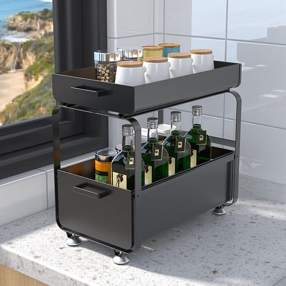 HUOLE Organizzatore a 2 Ripiani con Cassetto Portaoggetti Sotto il Lavandino Scorrevole Cestino Estraibile Portaspezie Organizer per Snack per Cucina Bagno Camera da Letto-40 * 25,5 * 39,5 cm-nero