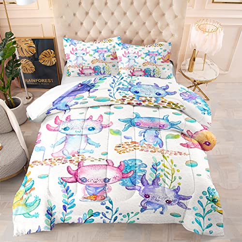 CVHOUSE Axolotl Comforter Set, Twin Size, Cartoon Axolotl Bedding Set, Kids, Multicolor, 3 Pieces