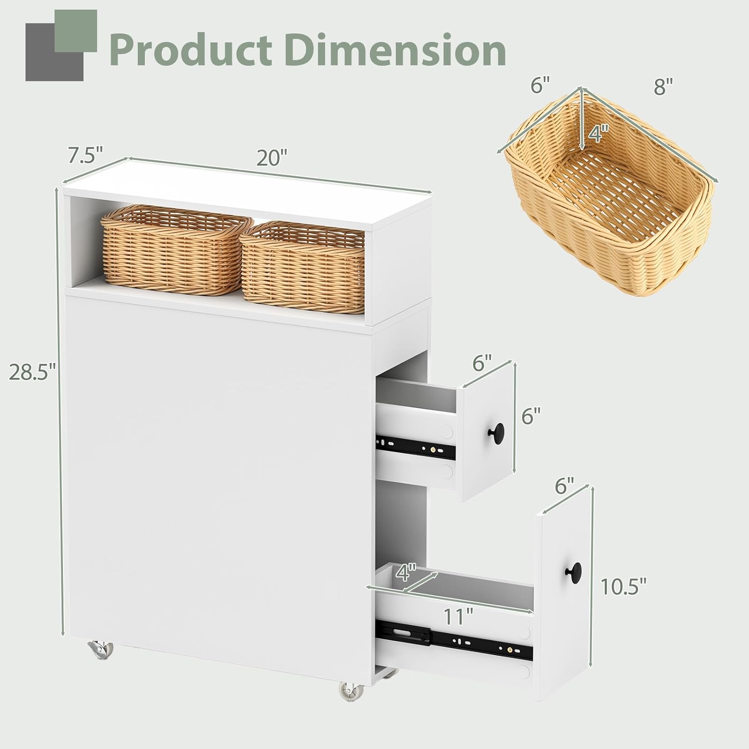 LOKO Slim Bathroom Storage Cabinet with Wheels, Narrow Toilet Side Cabinet with Drawers, Removable Storage Baskets, Toilet Brush Holder, Movable Bathroom Organizer or Skinny Corner, Narrow Spaces