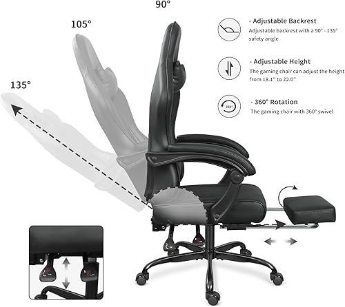 Miniatura 5 de Silla de juegos con reposapiés y soporte lumbar de masaje, silla de juego de altura ajustable, silla de videojuegos para sala de juegos, sala de