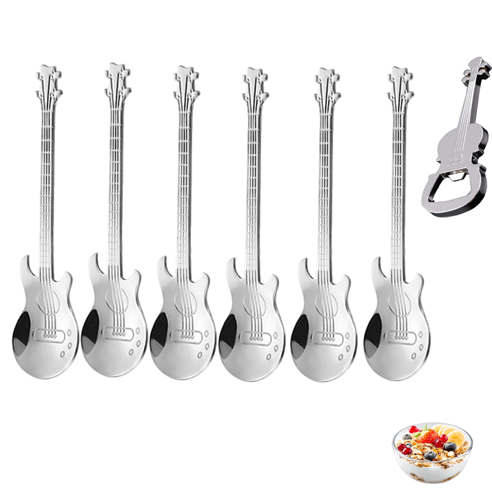 Guitar Spoons Coffee Teaspoon, FUAAOLIY 6PCS Silver 304 Stainless Steel Dessert Spoons with Opener for Stirring Drink Mixing Milkshake Jam, Cute Musical Teaspoon for Christmas Birthday