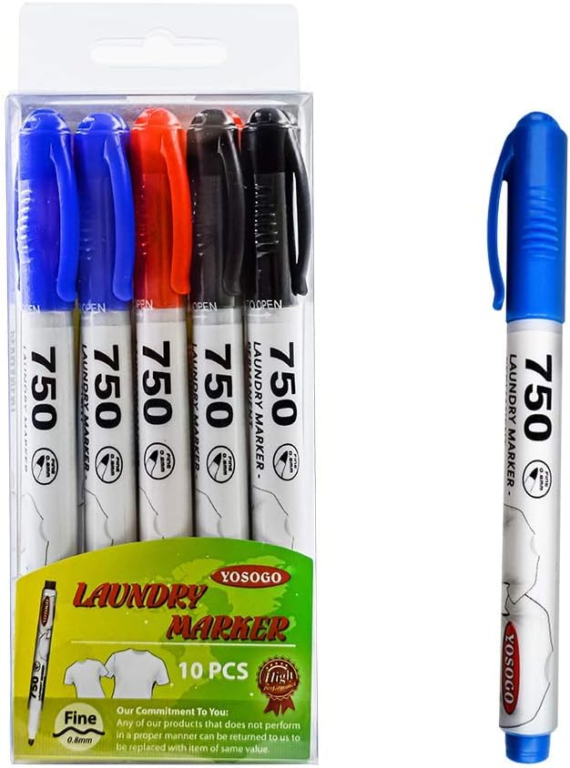 Yosogo Permanent Fabric Marker Pens (3 Colors) | Pack of 10 Non-Toxic, Fast-Drying, Long-Lasting Laundry Markers. Black