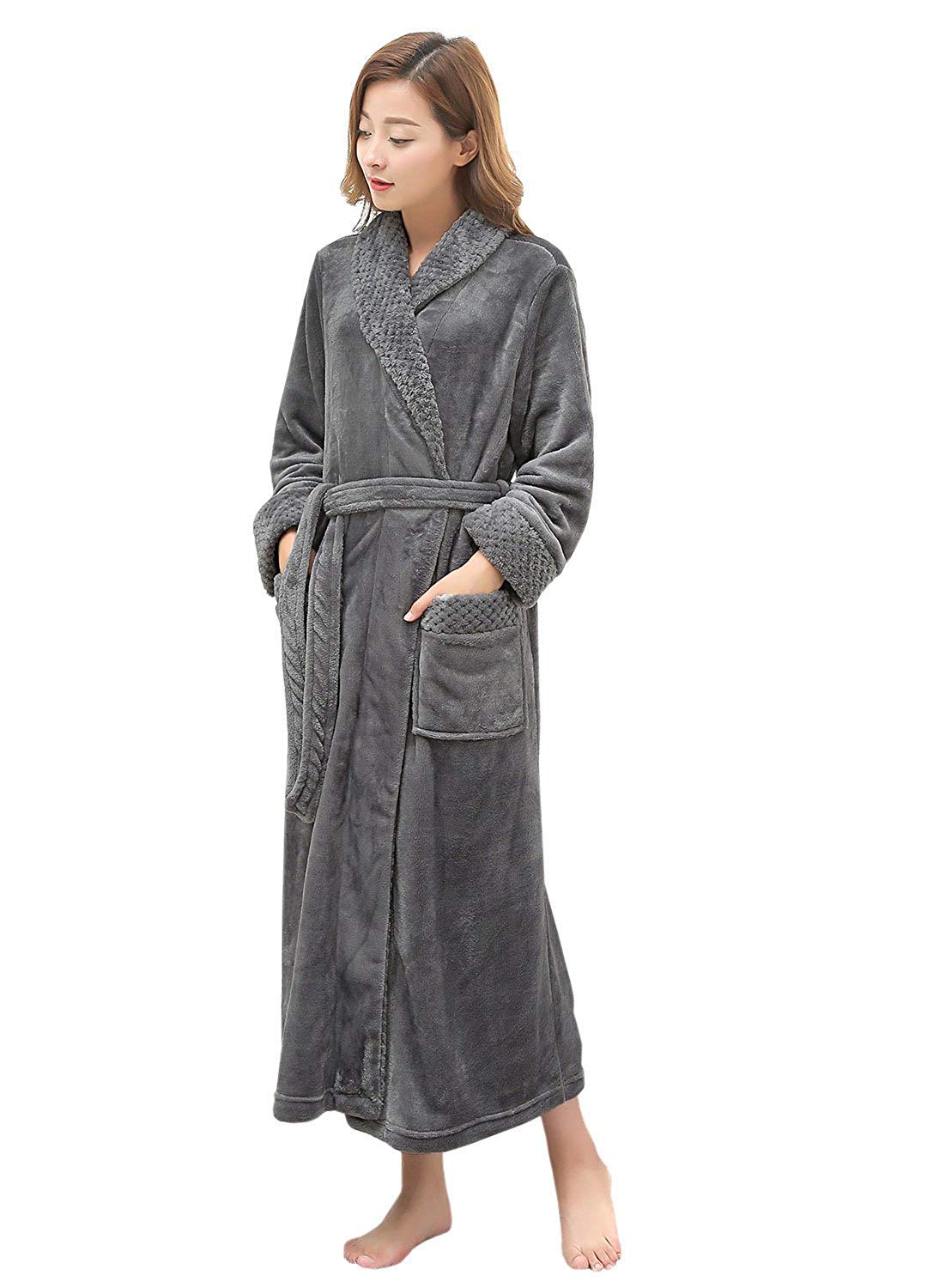 Putuo Women's Grey Luxury Soft Fleece Dressing Gown Bathrobe Full Long Fluffy Nightwear Housecoat Robe (Gy, S/M)