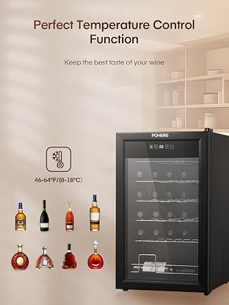 FOHERE 28 Bottles Wine Fridge, Countertop Wine Fridge with Double Glass Doors, LED Light, Digital Temperature Control, Wine Cellar for Bar, Home, Office