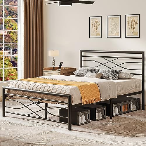 YITAHOMEKing Metal Bed Frame 5ft Modern Style Bed Frame with Headboard and Footboard, Solid Slatted Bed Platform with Large Under Storage Base Black for Bedroom