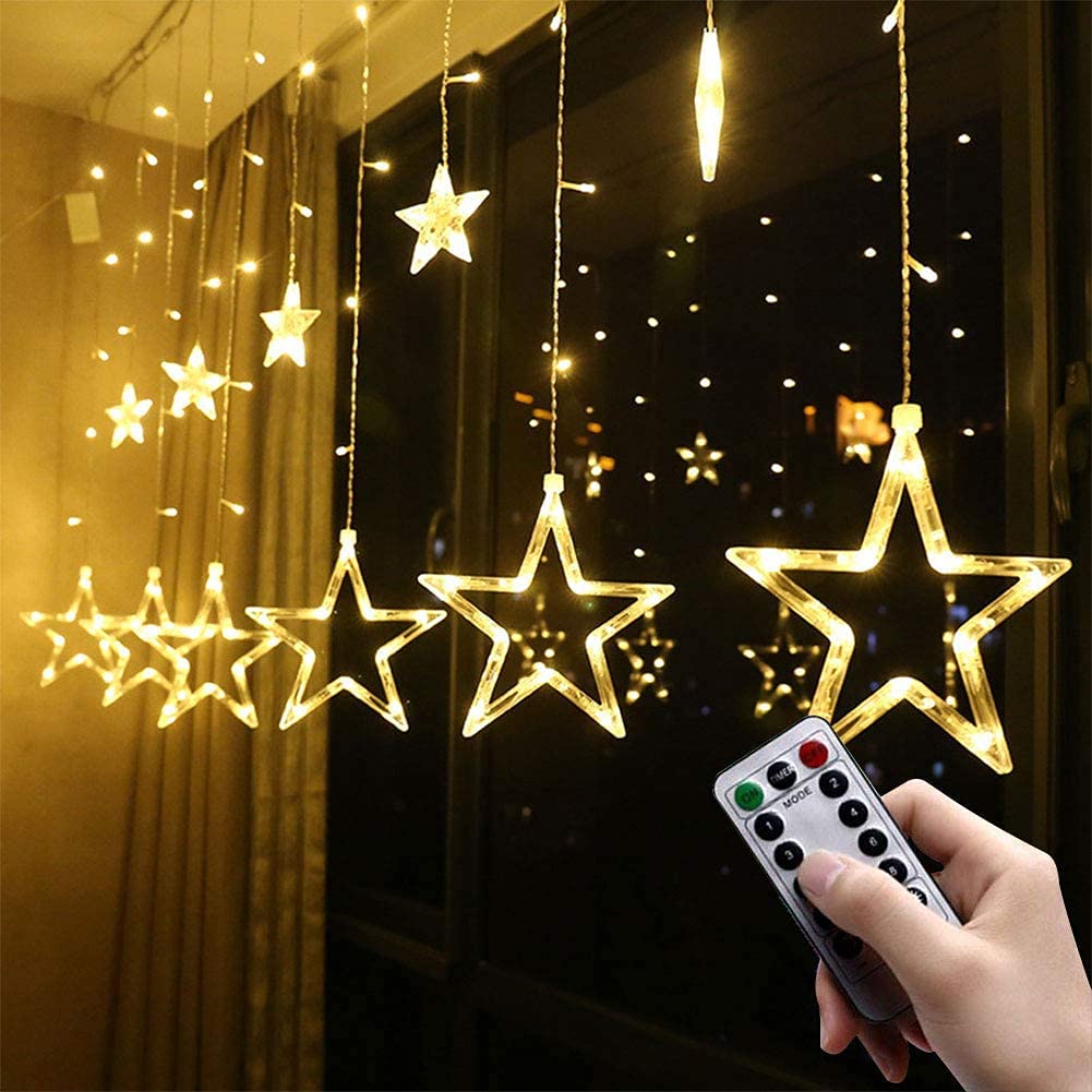 LED Rideau Lumière, 2.5m x 0.9m 138 LED 12 Étoiles Fenêtre LED Rideau Lumière avec USB à Distance (Warm White)