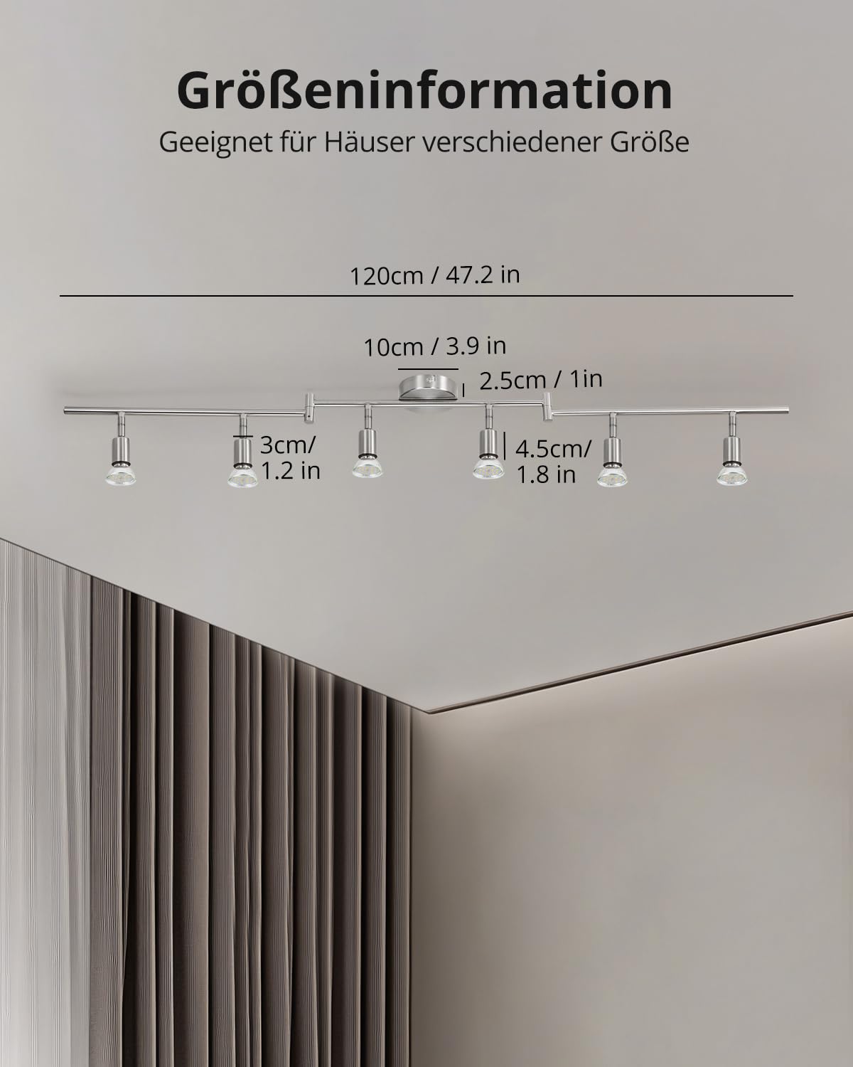 BOJIM Drehbare Küchendeckenleuchte, verstellbare Schlafzimmerstrahler, Nickel LED Schienenbeleuchtung, 6 Wege Deckenlampe innen, 6 GU10 Glühbirnen, 6W 4000K für Wohnzimmer, Fitnessstudio, Büro