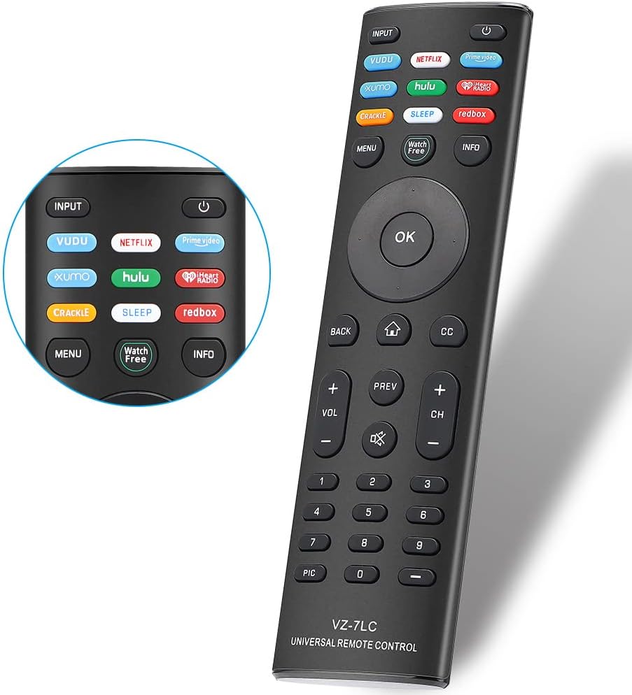 Фронт view of the Gvirtue VZ-7LC universal remote control, showing all buttons and their labels.