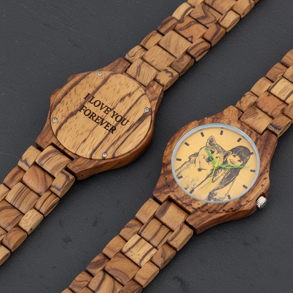 Reloj de madera personalizado para hombre, esfera fotográfica de línea blanca y negra, carcasa trasera grabada, reloj de pulsera de madera de bambú marrón de 40 mm con pulsera de eslabones, regalos