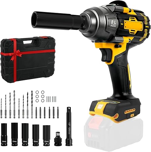 JOJOCY Llave de impacto inalámbrica de 1/2 pulgada, destornillador de impacto sin escobillas de 900 pies (1200 N.m) con velocidad de 4 modos,