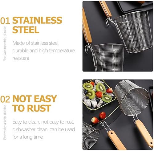 Miniatura 3 de ZzzaNa Cesta de pasta de malla de acero inoxidable con mango de madera, colador de fideos para pasta, cuchara de espagueti, espumadera de cocina,