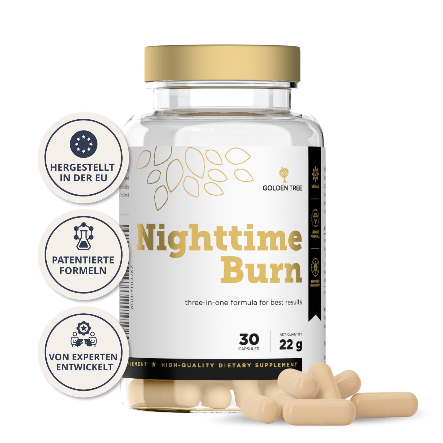 Golden Tree Nighttime Burn – Ballaststoffe Kapseln, 30 Stück | Kaktusfeige, Vitamin B3, Vitamin B6, Baldrianwurzel, L-Carnitin, Koffeinfrei
