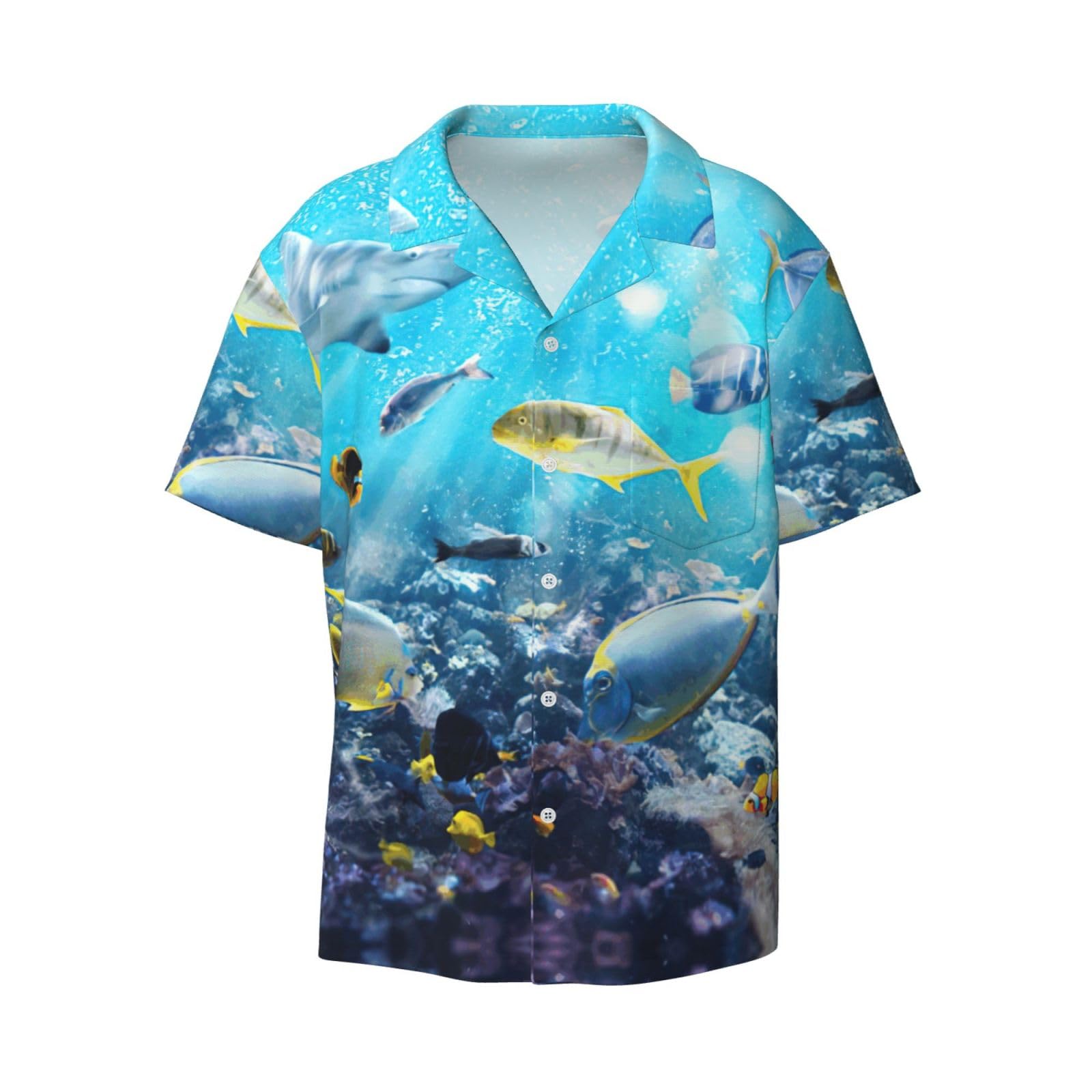 Viiuhvjbj Men's Colorful 3D Nature Scenic of Sea Underwater of Tropical Fishes Print Short Sleeve Shirt, Breathable Casual Hawaiian Holiday Wear Black
