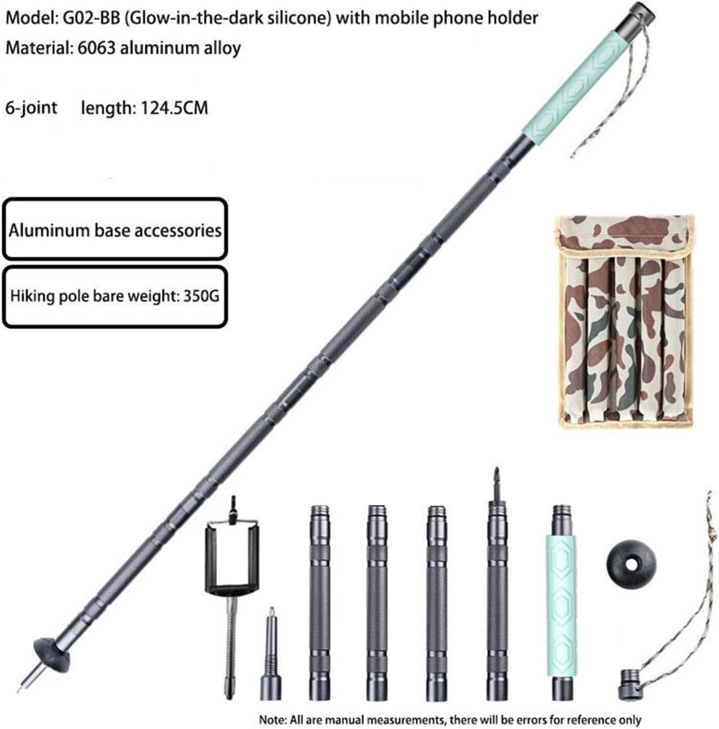 Multifunctional 6063 Aluminum Alloy Trekking Pole Outdoor Multi-Sections Collapsible Hiking Pole Lightweight Mountaineering Cane with Luminous Silicone Handle