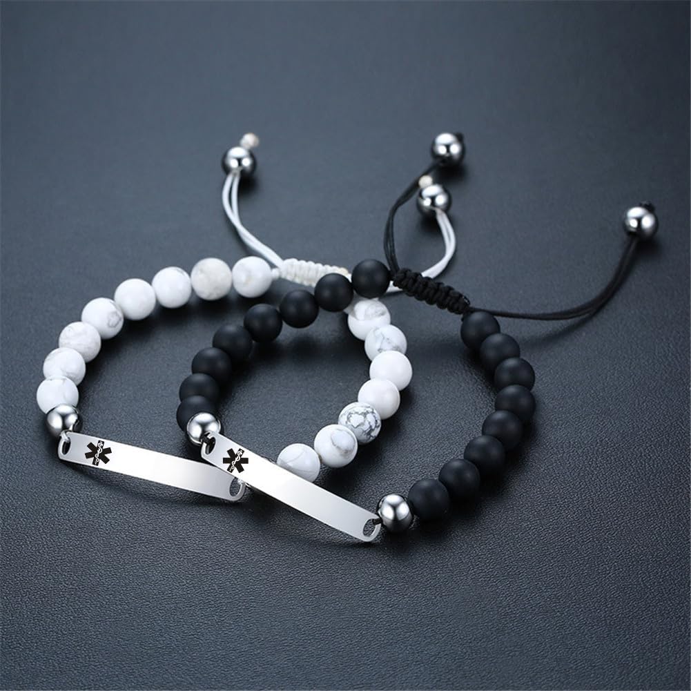 2 Pcs Medical Alert Bracelets for Men & Women Teens with Free Engraving Adjustable Stainless Steel Black White Beaded Onyx Emergency Medical ID Bracelets with Medic Wallet Insert Card
