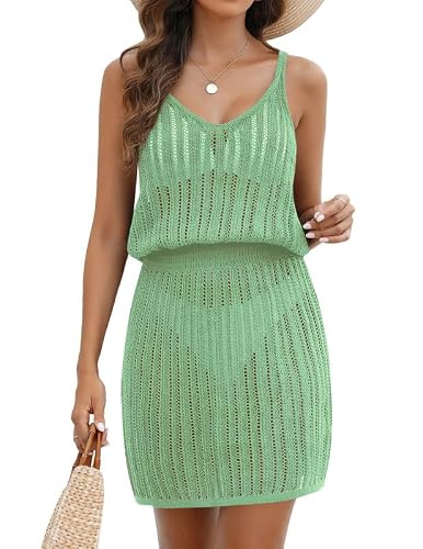 AI'MAGE Women's Crochet Cover Up Hollow Out Bathing Suit Sleeveless Short Beach Cover Up Dress 2024, Mint Green, Small