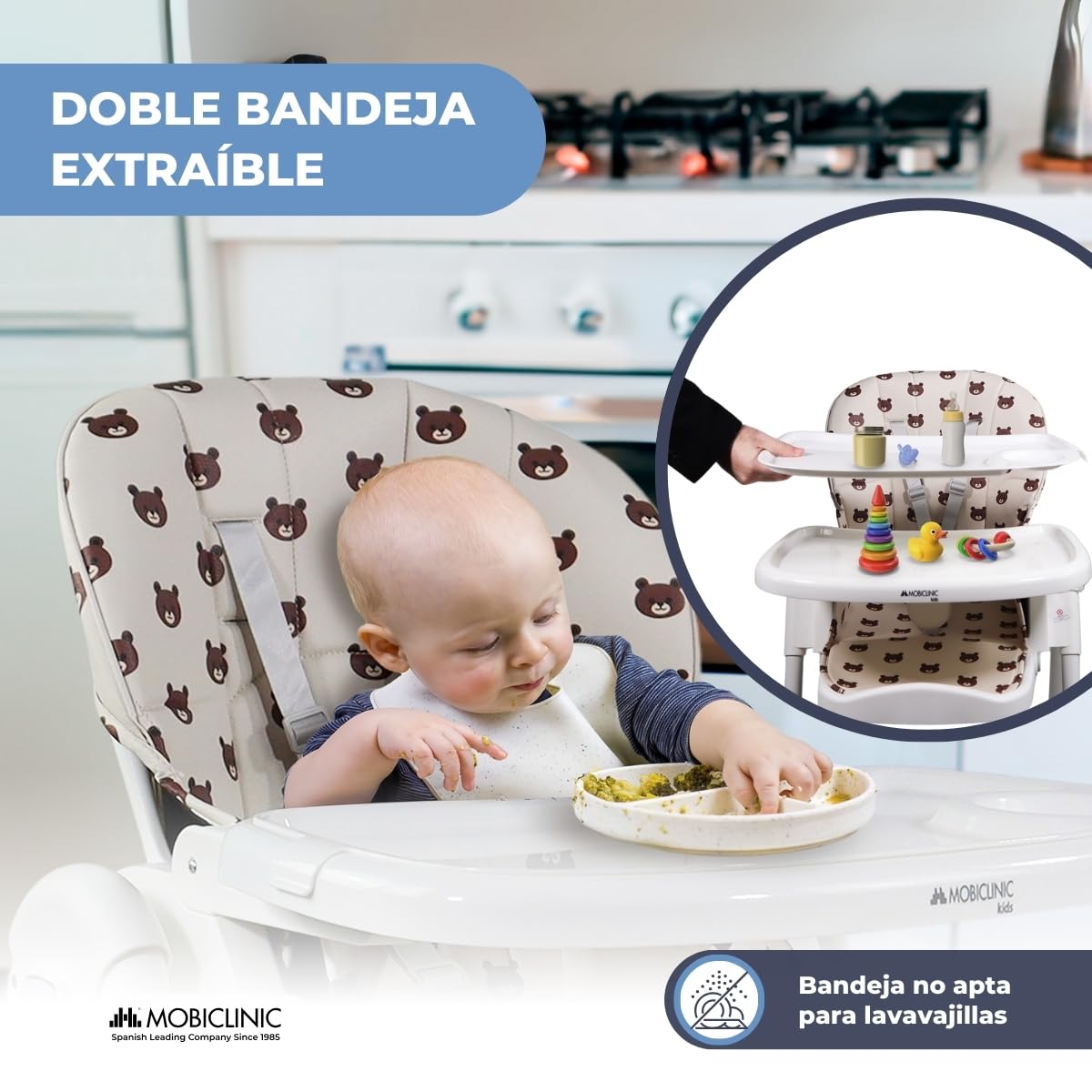 Mobiclinic®, Trona para Bebé, Extraplegado, Evolutiva Silla Alta, Reclinable, Regulable 7 Posiciones, Infantil, Arnés con 5 Puntos, Hasta 15 kg, Doble Bandeja Desmontable, Lavable, Frenos, Simba