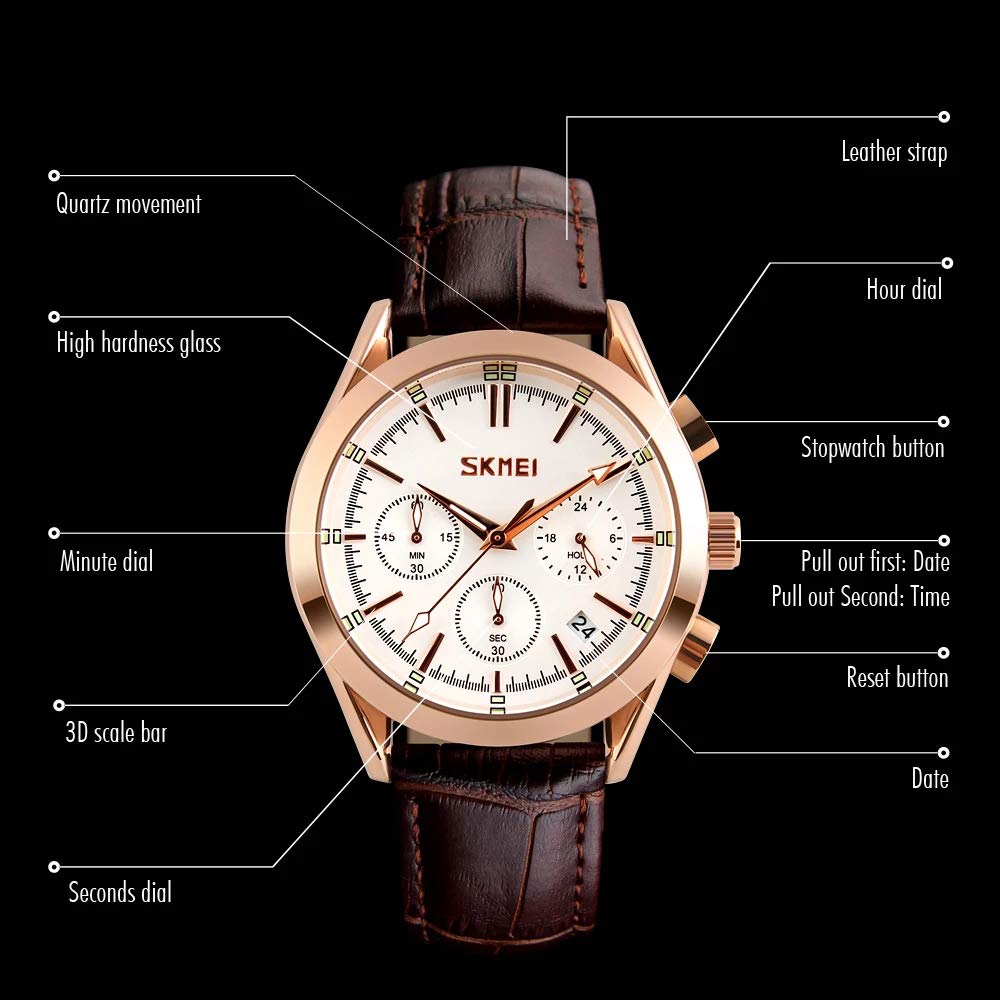 MASTOP Orologio da polso da uomo, analogico, in pelle, cassa in oro rosa, orologio al quarzo, impermeabile, con data, classico, da lavoro