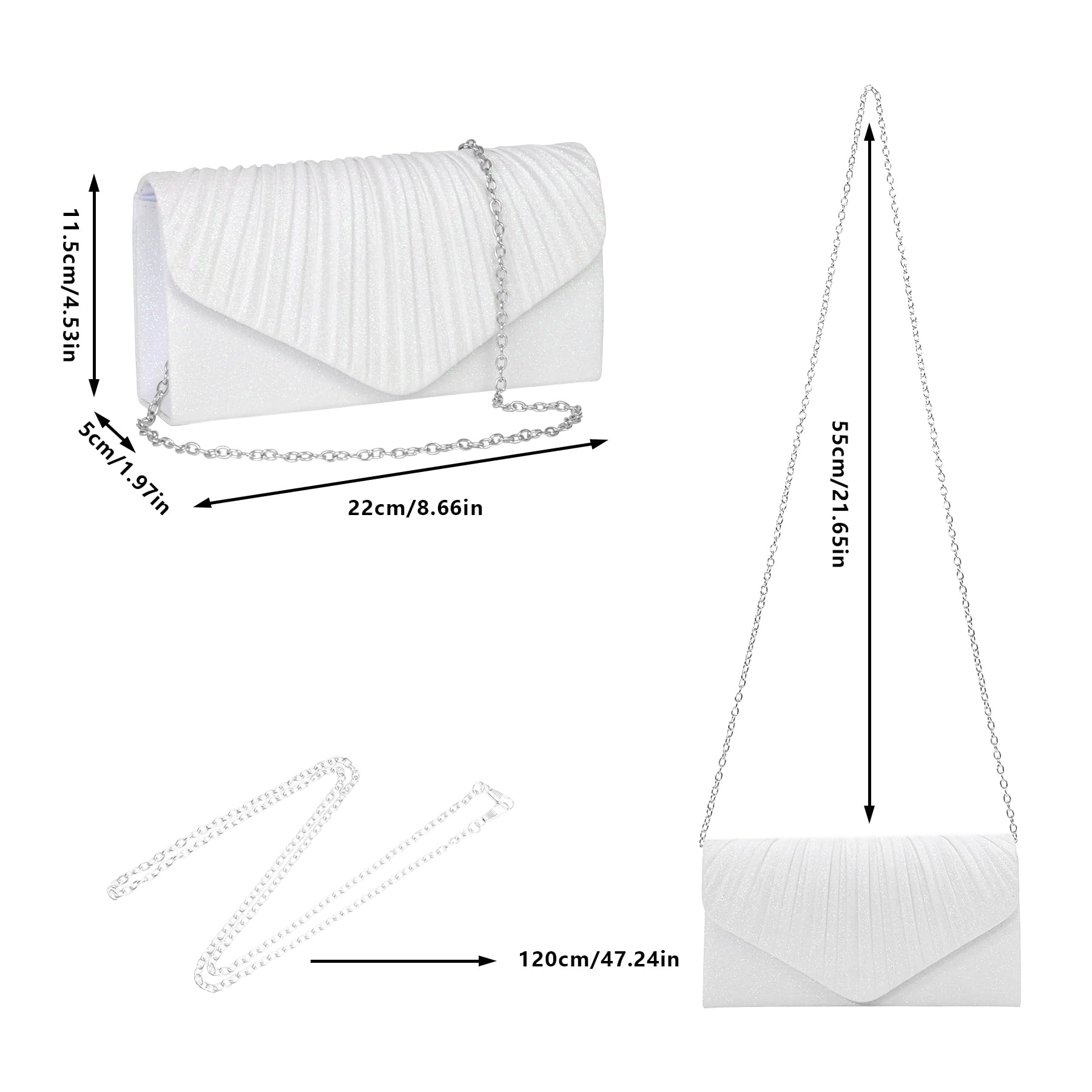 Larcenciel Clutch biała, błyszcząca torba ze zdejmowanym łańcuszkiem, zielone cekiny, torebka wieczorowa, elegancka torebka crossbody, na bal noworoczny, święta, imprezy i wesele (22 x 5 x 11,5 cm