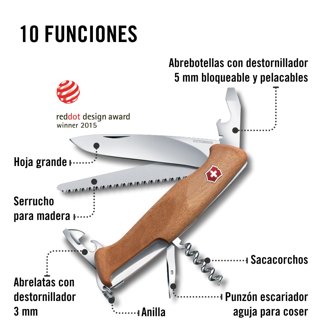 Victorinox Ranger 55 Wood, Navaja Multiuso Suiza, Cuchillo bolsillo, Regalo, 10 Funciones, Hoja grande, Abrelatas, Bloqueable