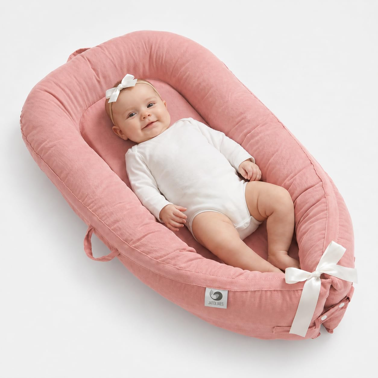 Jinrobabes Baby Nest Pod for Newborn, 100% Cotton Baby Sleep Pod, Soft Breathable Baby Lounger for Napping, Travel & Rest, Newborn Essentials for 0-12 Months (Pink Salt)