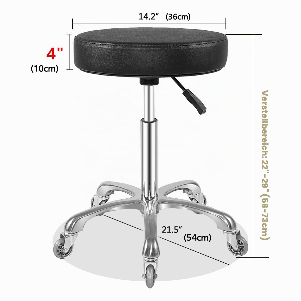 Ainilaily Hocker mit Rollen, Rollhocker höhenverstellbar 10cm Polsterung -Werkstatthocker Sitzhöhe Bürohocker Drehhocker Arbeitshocker (Schwarz)
