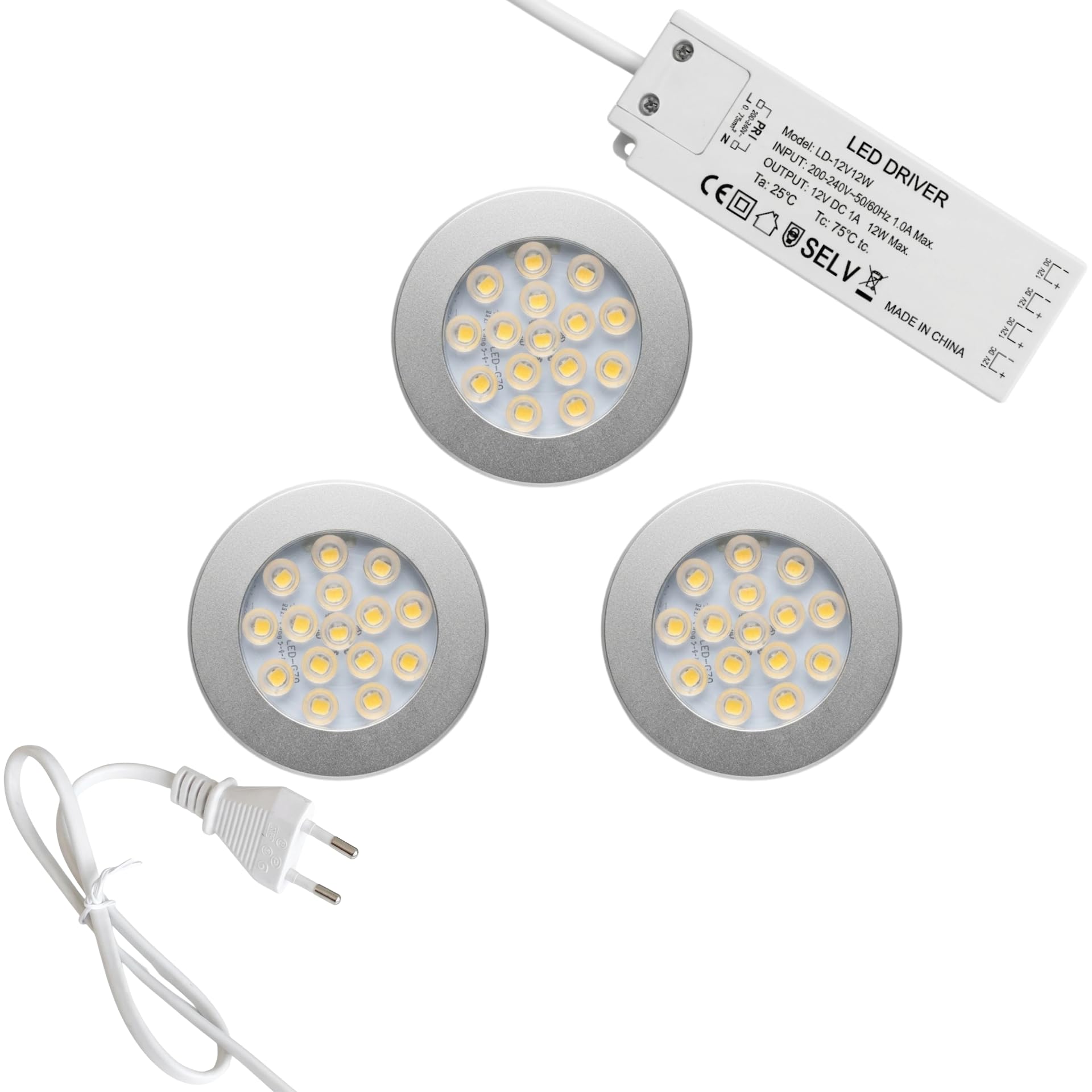kalb | focos LED cocina bajo mueble Orbis set 3 12V 4000K gris plata con transformador focos empotrables mueble iluminación encimera 70 mm