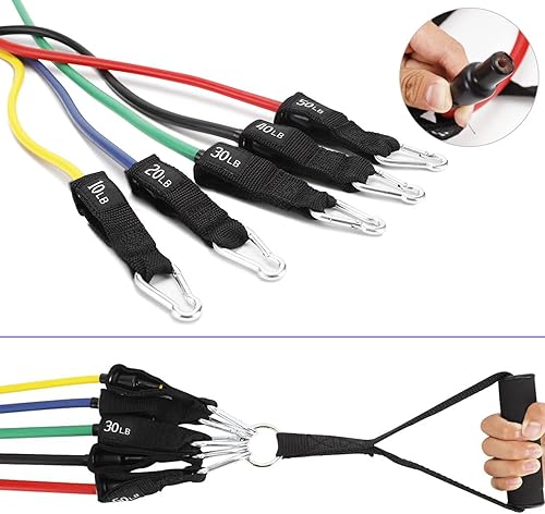 Miniatura 3 de Juego de 5 bandas de resistencia 11 en 1, bandas de ejercicio portátiles de hasta 150 libras, asas de anclaje de puerta, bolsa de transporte,