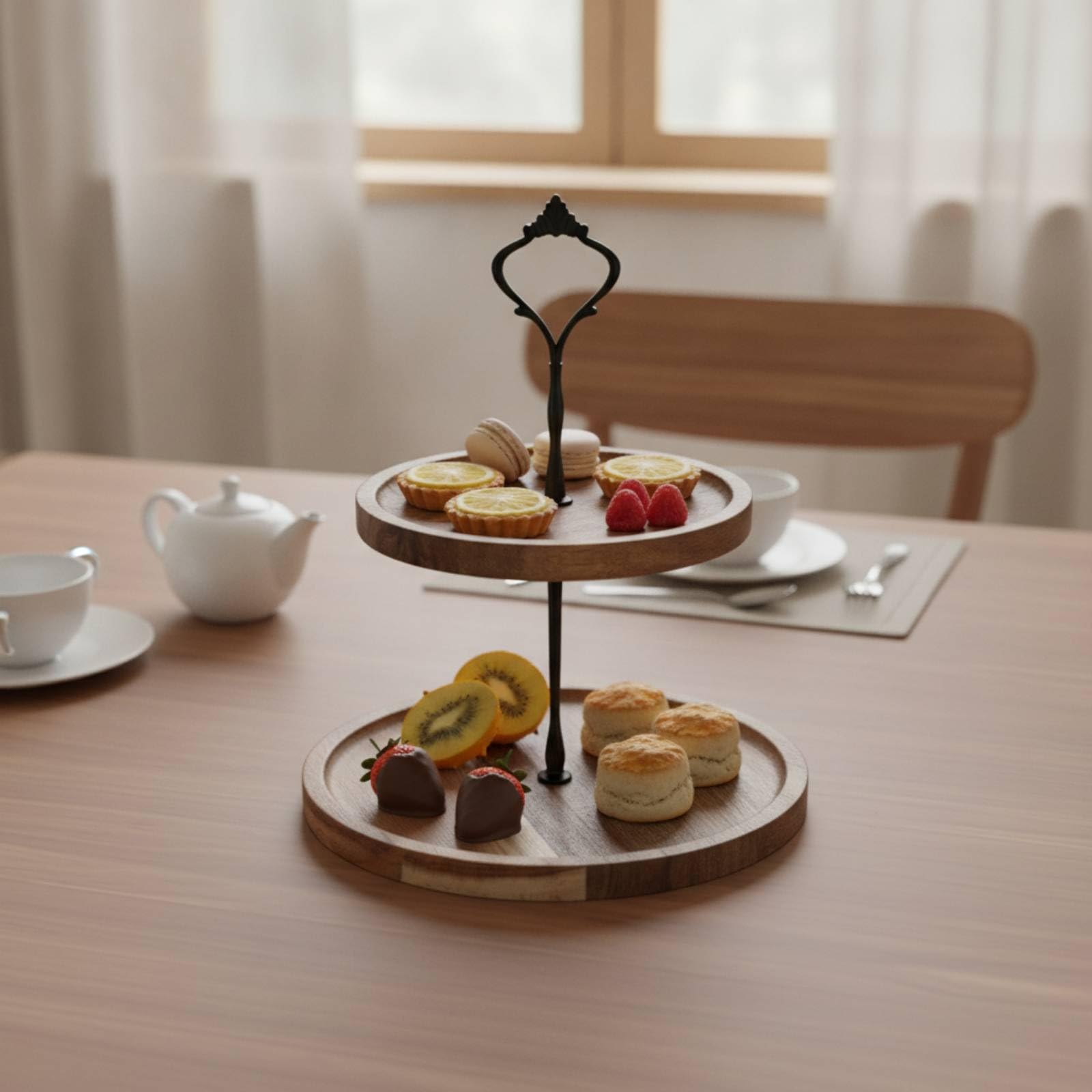 Alzata a 2 Piani Rustico Alzata in Legno con Manico Semplice Espositore da Tavolo per nti Del Tè, Tavola, Pasticceria, Caffetteria , Nero , Grande+Media